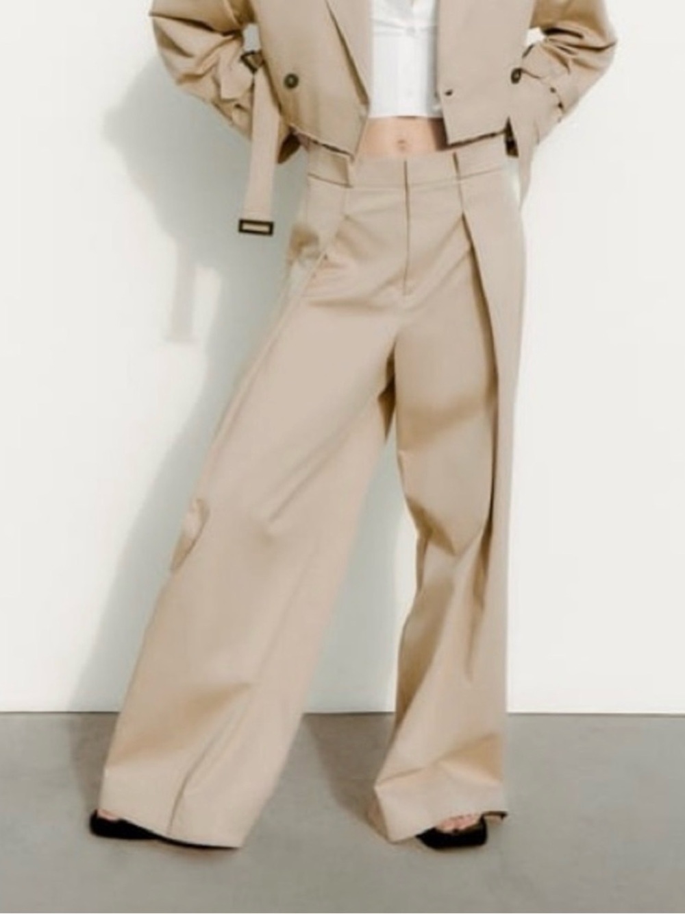 Zara Beige Wide-Leg Tailored Trousers
